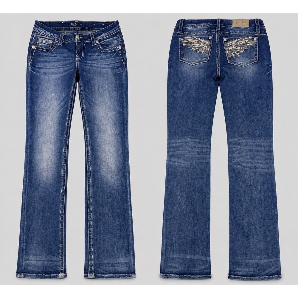 Miss Me JEAN WOMEN 29 Rhinestone ANGEL WINGS STRAIGHT LOW Rise Bling DARK